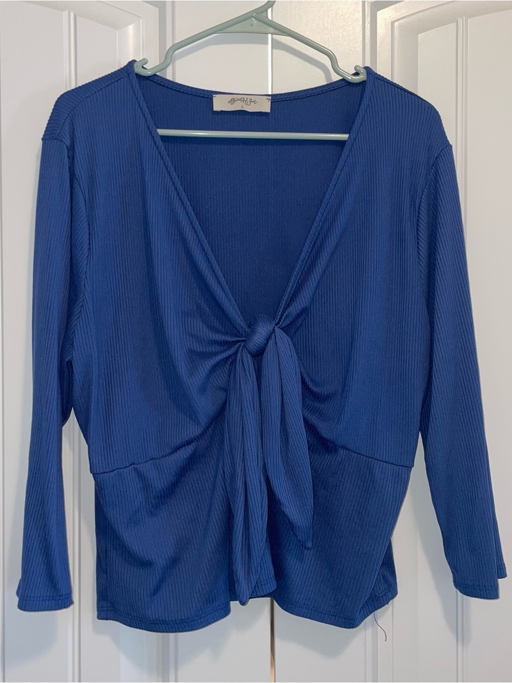 Knot-Front Ribbed Blouse - Blue